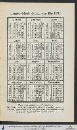 Tages-Merk-Kalender für 1932.