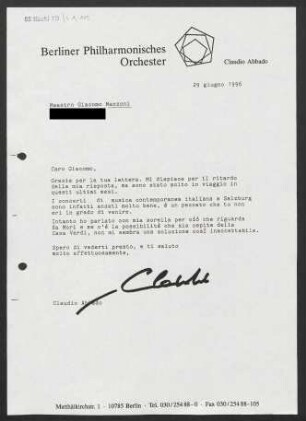 Brief an Giacomo Manzoni, 29.06.1996