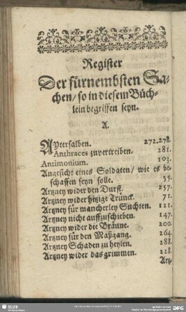 Register Der fürnembsten Sachen, so in diesem Büchlein begriffen seyn