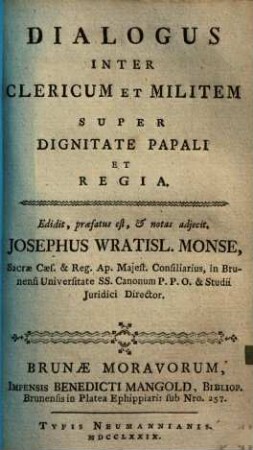 Dialogus inter clericum et militem super dignitate papali et regia