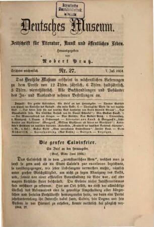 Deutsches Museum : Zeitschrift für Literatur, Kunst u. öffentliches Leben. 14,[2] = Nr. 27 - 52. 1864
