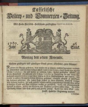 46. Stueck, Montag den 16ten Novembr. 1767