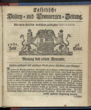 46. Stueck, Montag den 16ten Novembr. 1767