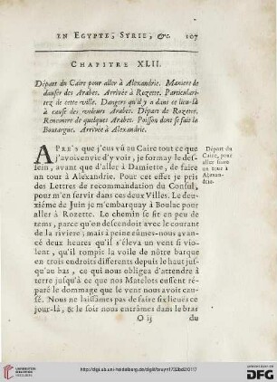 Chapitre XLII: Départ du Caire pour aller à Alexandrie. Manière de danse des Arabes. Arrivée à Rozette. […]