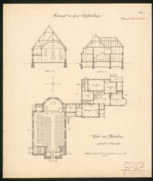 Dorfanlage Kirche mit Pfarrhaus: Grundriss und Schnitte 1:100