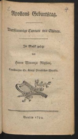 Apollons Geburtstag : Vierstimmige Cantate mit Chören