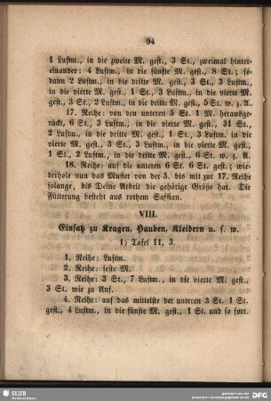 VIII. Einsatz zu Kragen, Hauben, Kleidern u.s.w.