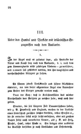 III. Ueber den Handel und Verkehr mit inländischen Erzeugnissen nach dem Auslande.