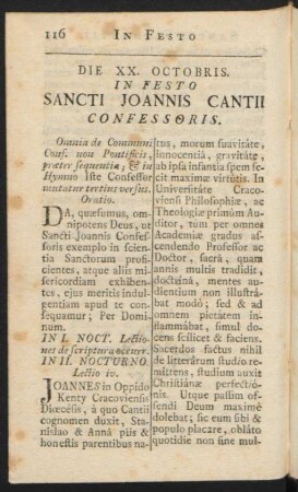 Die XX. Octobris. In Festo Sancti Joannis Cantii Confessoris