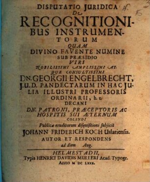 Disputatio Juridica De Recognitionibus Instrumentorum