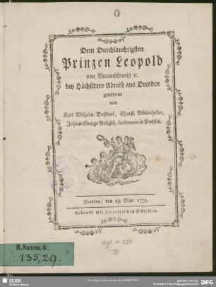 Dem Durchlauchtigsten Prinzen Leopold von Braunschweig [et]c. bey Höchstdero Abreise aus Dresden gewidmet
