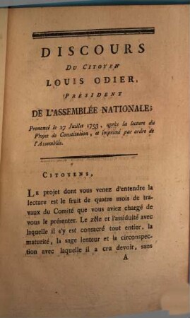 Discours Du Citoyen Louis Odier, Président De L'Assemblée Nationale