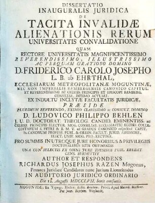 Dissertatio Inauguralis Juridica De Tacita Invalidae Alienationis Rerum Universitatis Convalidatione