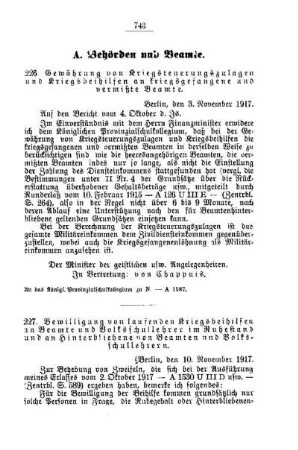 Bewilligung von laufenden Kriegsbeihilfen an Beamte und Volksschullehrer im Ruhestand und an Hinterbliebene von Beamten und Volksschullehrern : [A. Behörden und Beamte]