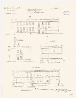 Gefängnis, Wohlau: Wirtschaftsgebäude: Aufriss, Ostgiebel, Längsschnitt, Querschnitt 1:100