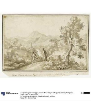 Gebirgige Landschaft mit Burg im Mittelgrund, vorne mythologische Szene