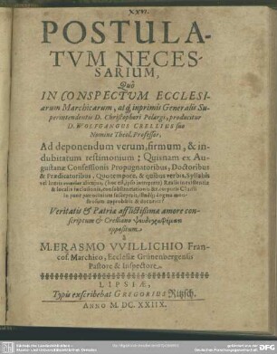 Postulatum necessarium, quo in conspectum ecclesiarum Marchicarum, at[que] inprimis generalis superintendentis D. Christophori Pelargi ...