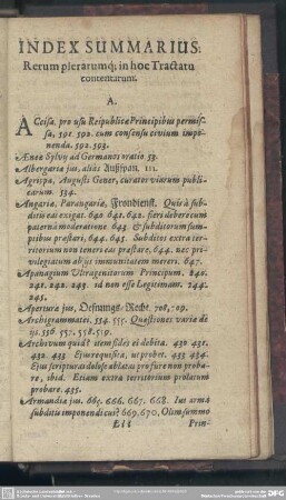Index Summarius. Rerum plerarumq[ue] in hoc Tractatu contentarum