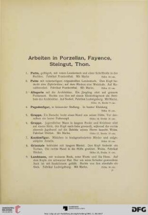 Arbeiten in Porzellan, Fayence, Steingut, Thon (Nr. 1-81)