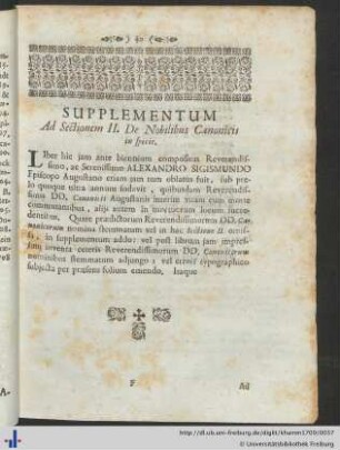 Supplementum Ad Sectionem II. De Nobilibus Canonicis in specie.