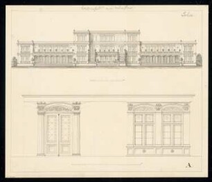 Kaffeehaus am Wasser, Berlin Monatskonkurrenz April 1834: Aufriss Ansicht vom Wasser, Innenraumtür, Innenraumfenster; 2 Maßstabsleisten