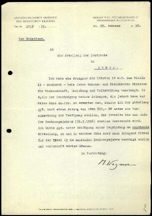 M. Wegner an DAI Athen