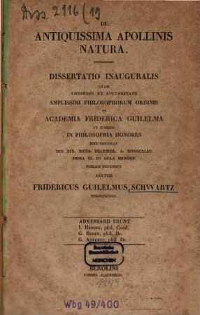 De antiquissima Apollinis natura : dissertatio inauguralis