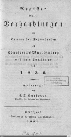 1,9: Landtag Württemberg - Kammer 2, Register 1836