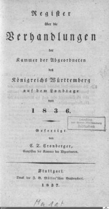 1,9: Landtag Württemberg - Kammer 2, Register 1836