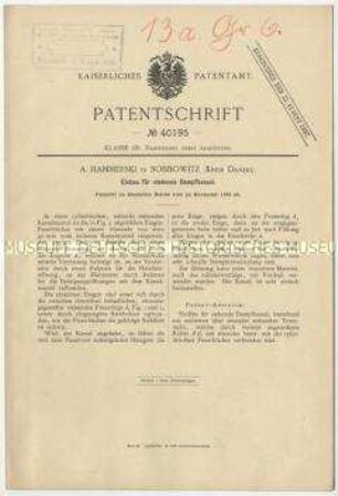 Patentschrift eines Einbaus für stehende Dampfkessel, Patent-Nr. 40195