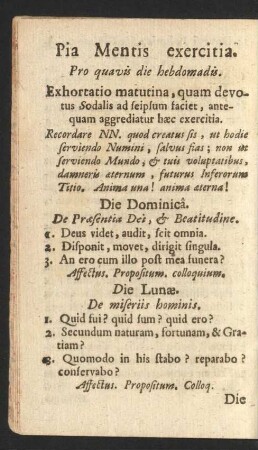 Pia Mentis exercitia. Pro quavis die hebdomadis