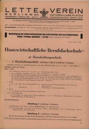 Prospekt der Hauswirtschaftlichen Berufsfachschule im Lette-Verein