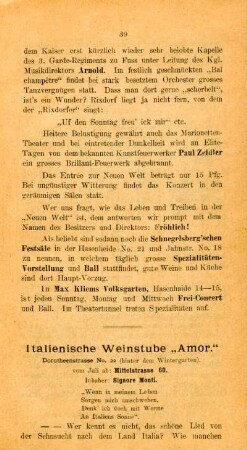Italienische Weinstube "Amor." Dorotheenstrasse No. 2 (hinter dem Wintergarten).