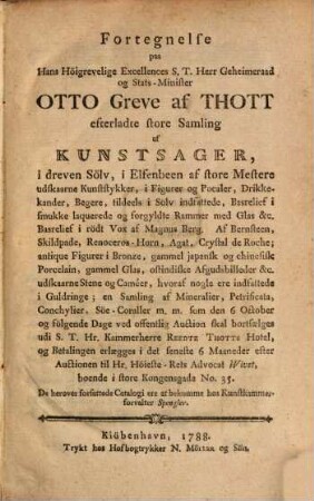 Fortegnelse paa ... Otto Greve af Thott efterladte store Samling af kunstsager
