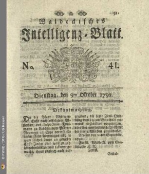 No. 41. Dienstag, den 9ten Oktober 1792