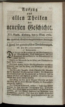 XIX. Nachl. Coburg, den 9. May, 1761.
