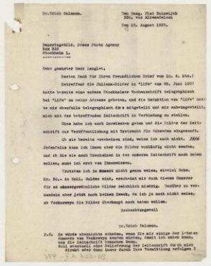 Brief von Erich Salomon an Reportagebild, Press Photo Agency, Stockholm