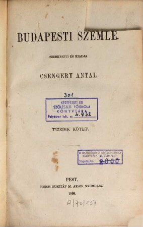 Budapesti szemle : a Magyar Tud. Akadémia megbízásából. 10. 1860