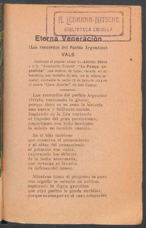 Eterna Veneración : (Los recuerdos del Pueblo Argentino). - Vals