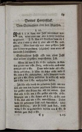 Drittes Hauptstück. Vom Subtrahiren oder dem Abziehen.