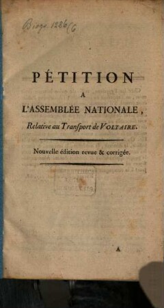 Pétition à l'assemblée nationale, relative au transport de Voltaire