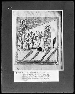 Apokalypse des Johannes (Die sog. Trierer Apokalypse) — Johannes und die Gemeinde von Ephesus, Folio 6verso