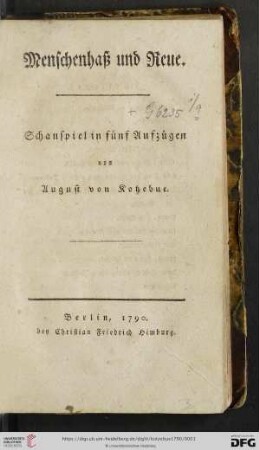 Menschenhaß und Reue : Schauspiel in fünf Aufzügen