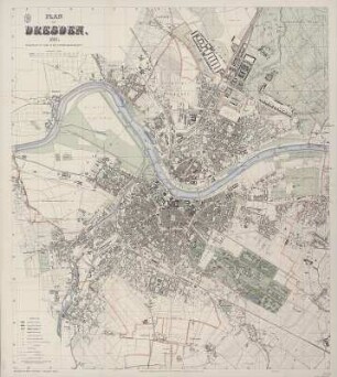 Plan von Dresden, 1:10 000, Lithographie, 1891 : Plan von Dresden. 1891. Bearb. vom Stadtvermessungsamt. 1:10 000. Dresden: Kaufmann 1891. 72 x 82 cm (Lith.)