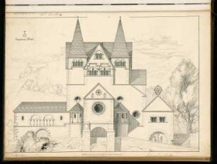 Wallfahrtskirche Monatskonkurrenz März 1899: Aufriss Vorderansicht (Eingangsseite); Maßstabsleiste