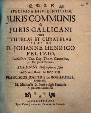 Specimina differentiarum juris communis & juris Gallicani circa tutelas et curatelas
