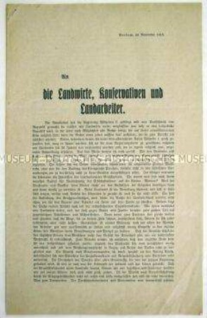 Flugschrift mit dem Aufruf eines Gutsbesitzers für bessere Lebens- und Arbeitsbedingungen der Landwirte, Konservativen und Landarbeiter
