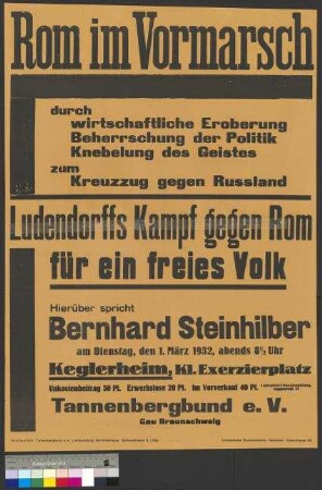 Plakat des Tannenbergbundes zu einer öffentlichen Versammlung am 1. März 1932 in Braunschweig