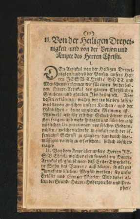 II.Von der Heiligen Dreyeinigkeit/ und von der Person und Ampte des Herren Christi.