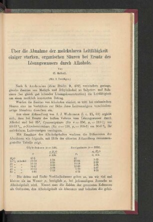 Über die Abnahme der molekularen Leitfähigkeit einiger starken, organischen Säuren bei Ersatz des Lösungswassers durch Alkohole.